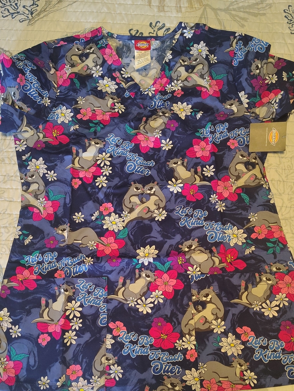 Dickies Navy Blue Scrub Top with Pink Floral & Otter Print